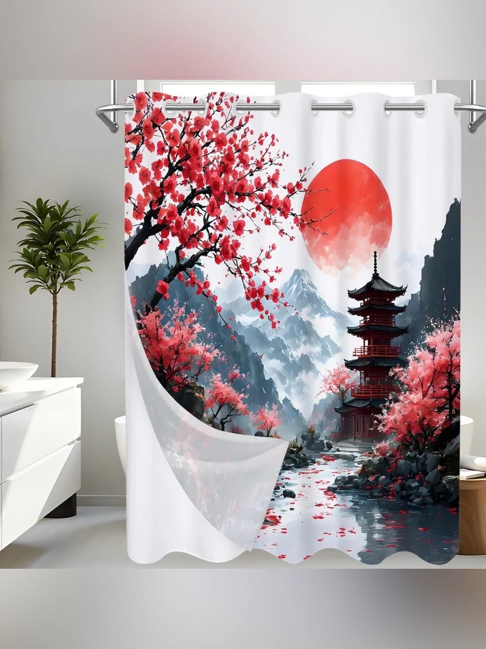 No Hook Japanese Anime Shower Curtain with Snap in Liner - Picture 1 of 7